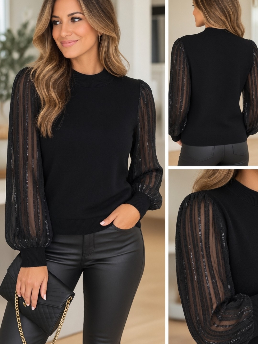 Madison Black Sheer Stripe Puff Sleeve Sweater